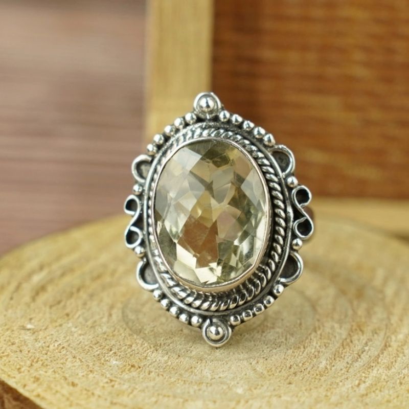 Nhẫn Thạch anh vàng chanh bạc 925 size 15