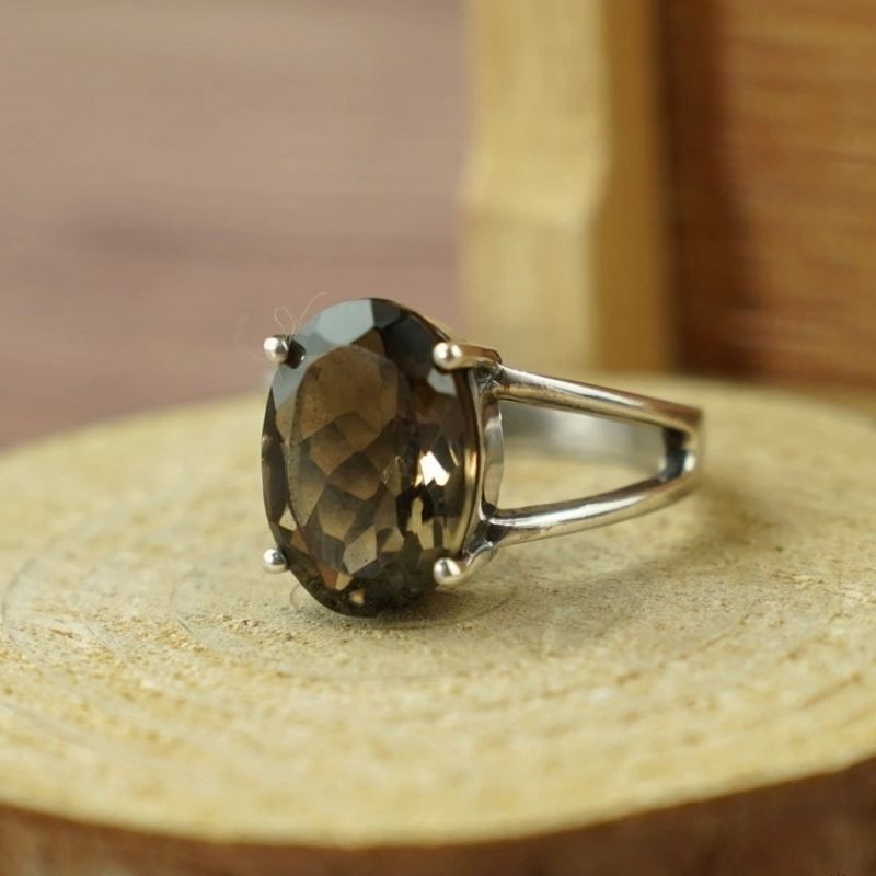 nhẫn nữ Thạch anh khói bạc 925 cao cấp size 15