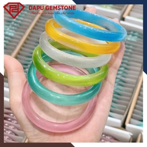 vòng tay đá mắt mèo trắng, xanh, hồng, vàng bản liền